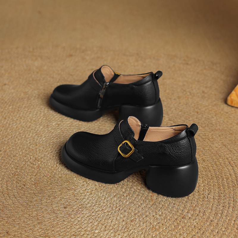 Krazing Pot cow skin Autumn Winter Shoes Metal Buckle Loafers chunky Heels Slip on Size 43 Round Toe Slip on Deep Mouth Pumps