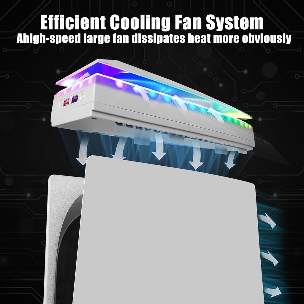 Console Cooling Fan with Dust Cover Colorful LED Light for PS5 Console Disc Edition & Digital Edition Silent Absorb Fan Cooler with 2 USB Port