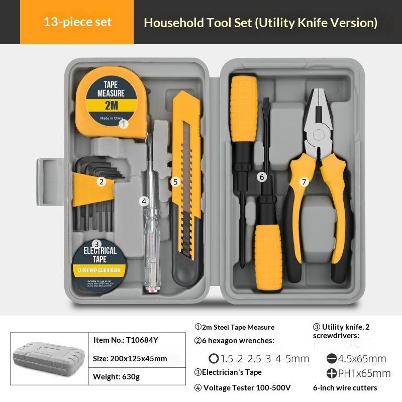 13Pcs Home Repair Hand Tool Set Complete General Household Kit with Shockproof Storage Case for DIY Crafts Daily Maintenance