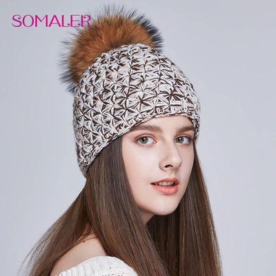 Handmade Warm Winter Hats for Women Real Fox/Raccoon Fur Pompom Beanies Mix-color Caps