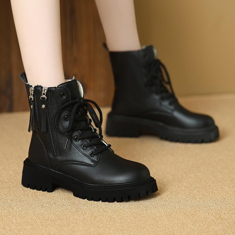 Women’s Winter Boots Casual Short Motorcycle Boots Girl Fashion Street Style Black Warm Ankle Boots with Fur Plus Size