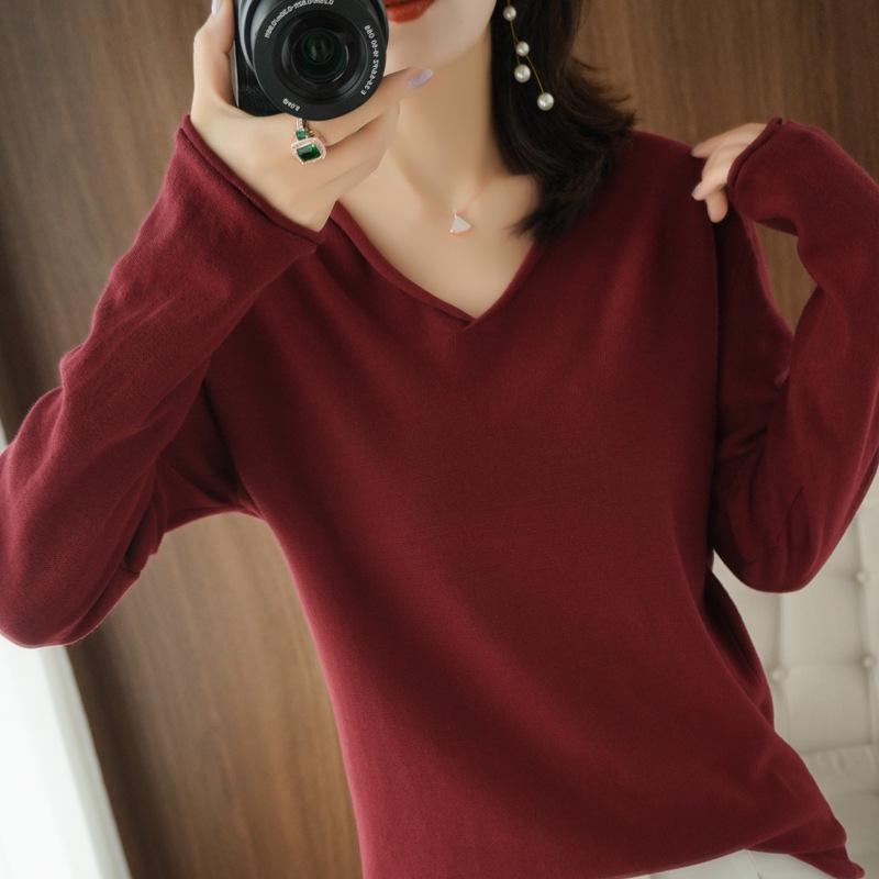 Women's Cotton V-neck Long Sleeve Knit Top - Slimming, Versatile, Solid Color for Spring & Autumn
