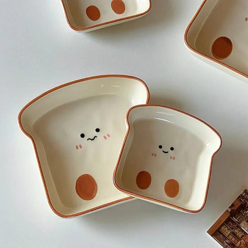 1 Cute Toast-Shaped Ceramic Plate Korean Ins Cartoon Tableware For Home Afternoon Tea Dessert Cake Snack Plate