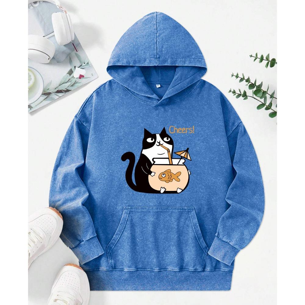 Cats Drinking Fish Soup Print Women Washed Hoody Fashion Cotton Hoodies Autumn Oversized Streetwear Multicolor Hoodie