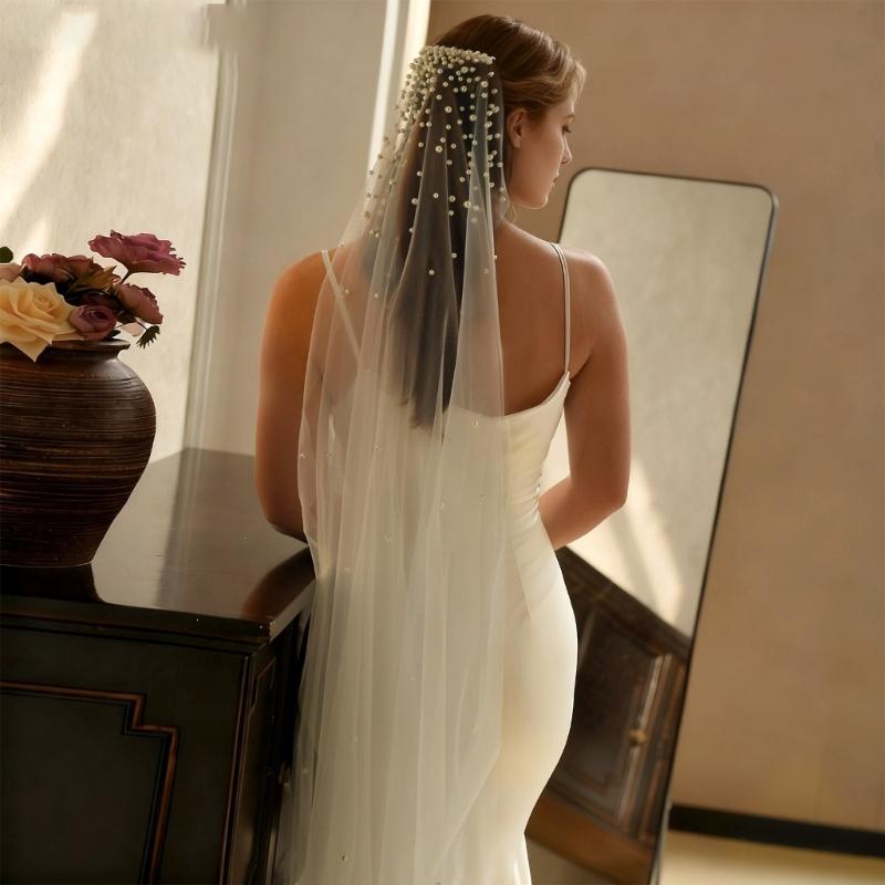 Luxurious Bridal Veils Airy Sheer Hair Accessory For Wedding Pearls Adorned Headpiece Classical Design