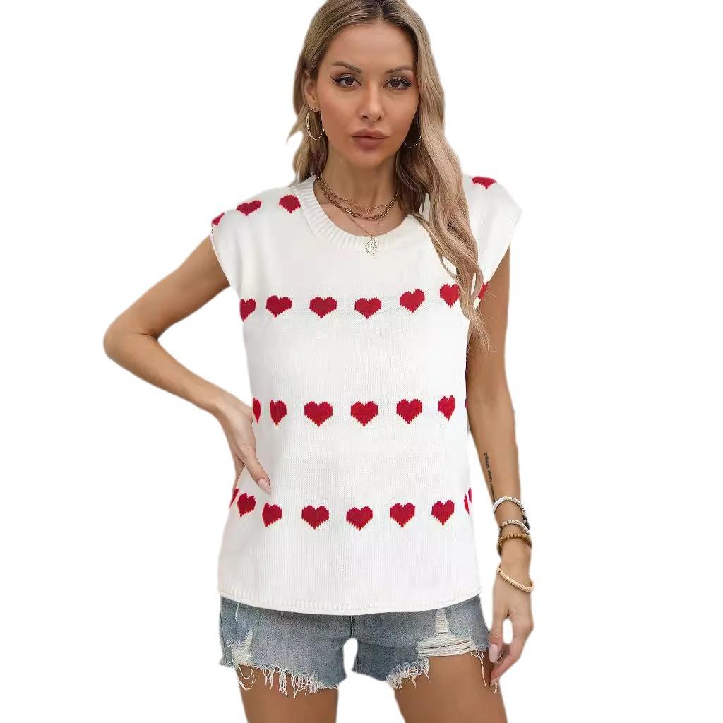 New European and American Solid Color Knitted Sweater Loose Peach Love Texture Round Neck Short Sleeve Sweater Women's Clothing