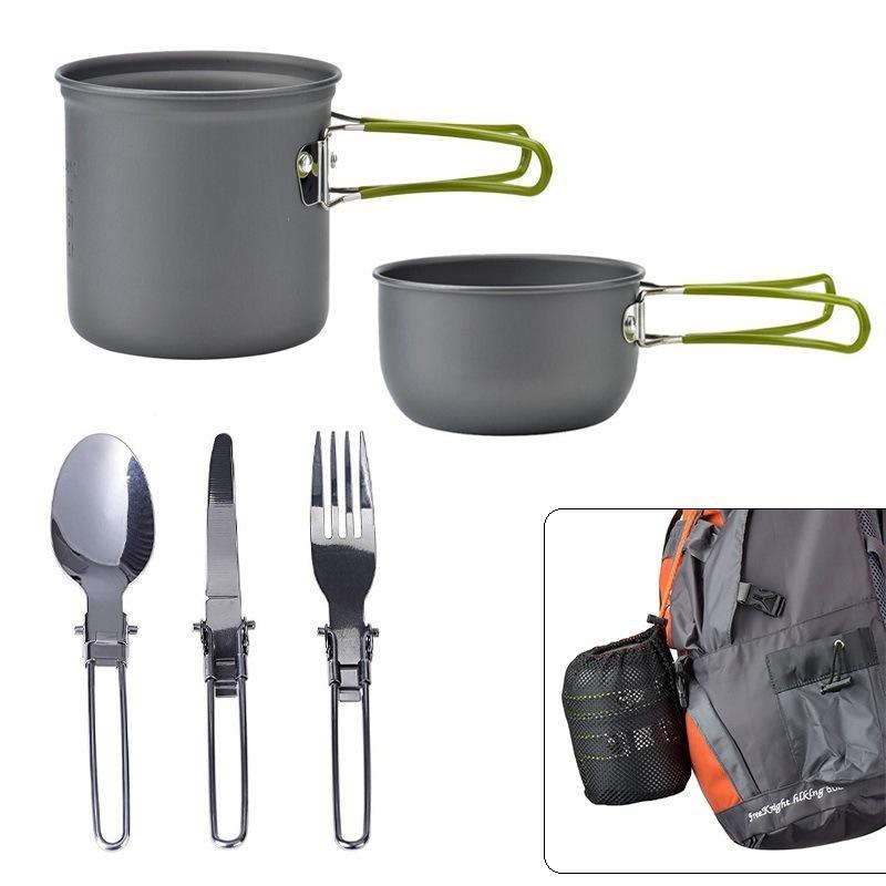 Camping Cookware Kit 1-2 People Portable Pots Set With Bowl Fork Table Knife Spoon For Outdoor