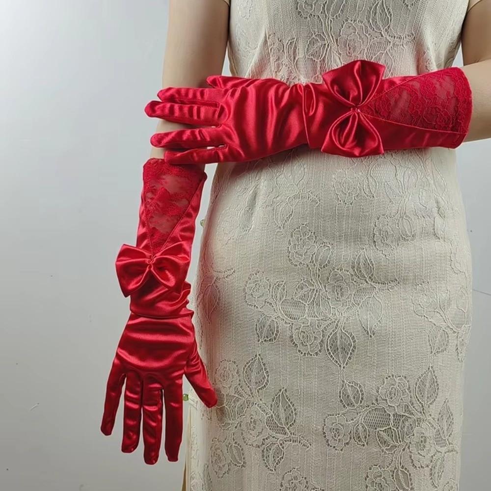 Bowknot Satin Bride Gloves Lace Trim Dance Performance Gloves Wedding Dress Accessories