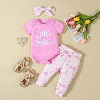 1-18Months Baby Girl Short Sleeved Monogram Jumpsuit With Bow Printed Trousers And Headband Pink Suit