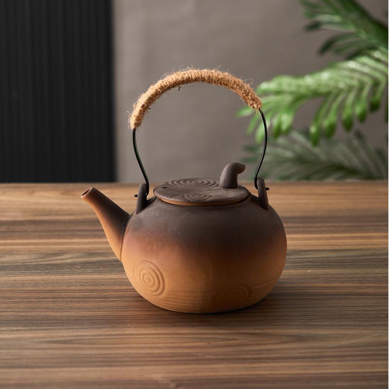 Ceramic Kung Fu Tea Set: Black Teapot with Side Handle and Charcoal Stove for Open Fire.