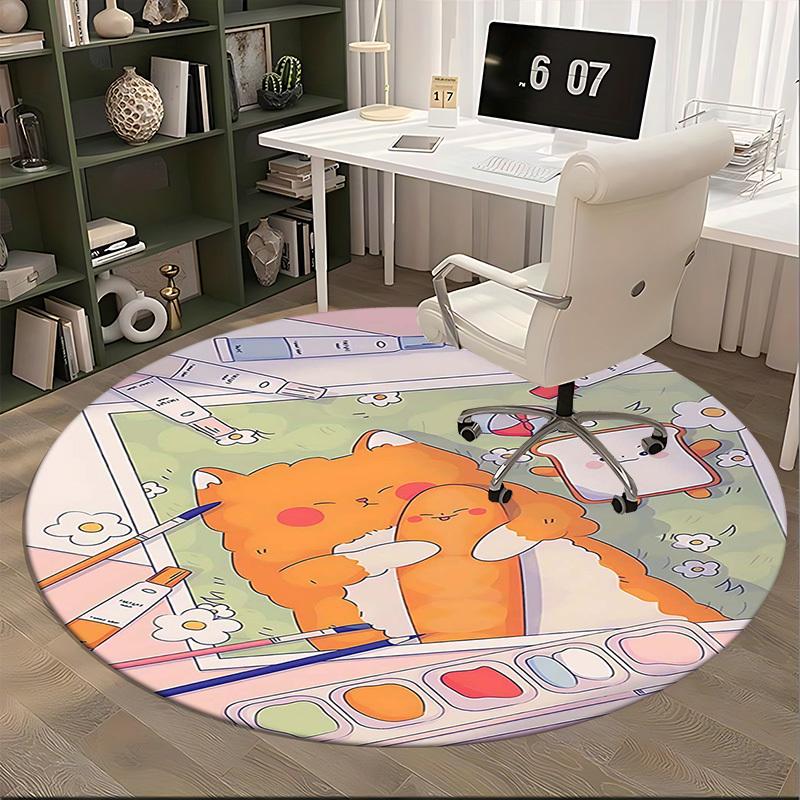 1pc Anime Design Round Carpet Cute Cat and Bread Friends Office Chair Mat, Non Slip Rug for Home Decor, All Seasons