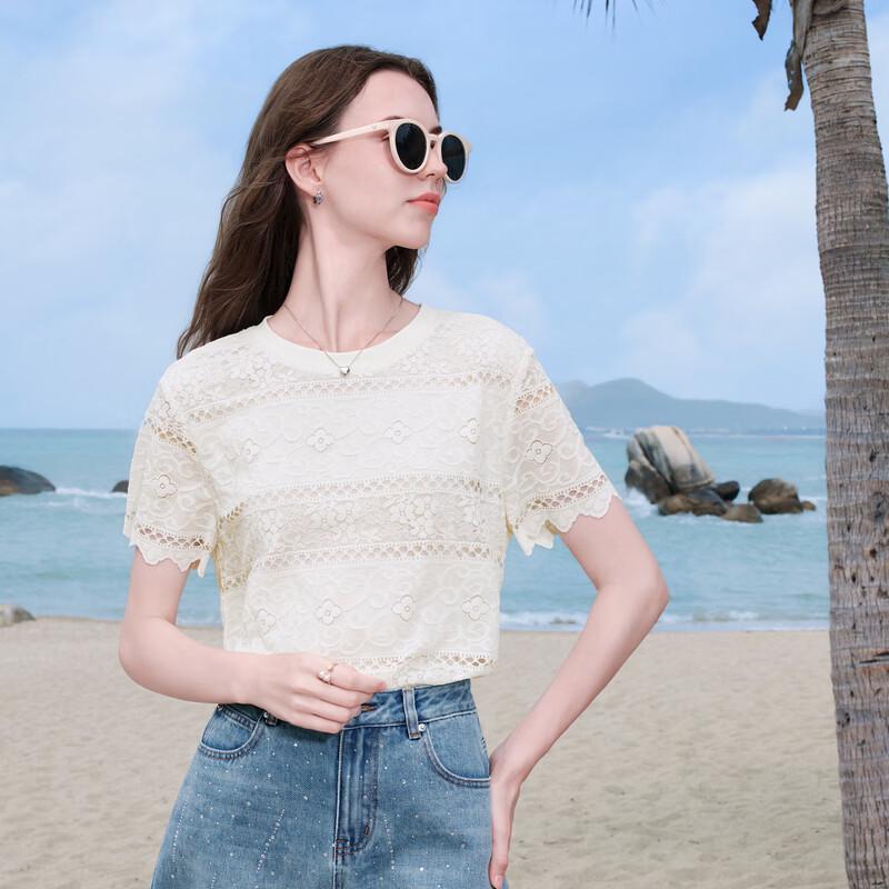 Baitu Women's Lace Wave Hem Short Sleeve Top