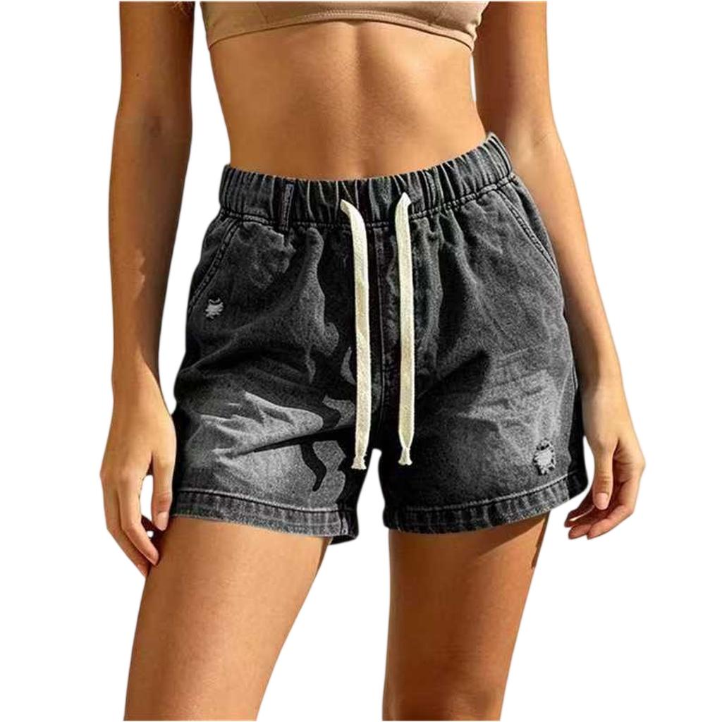 Women's Casual Distressed Denim Shorts with Elastic Drawstring Waist Relaxed Fit Three Inch Inseam Lightweight Summer Bottoms