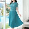 ZANZEA Women Casual Round Neck Short Sleeve Lace Patchwork Dress