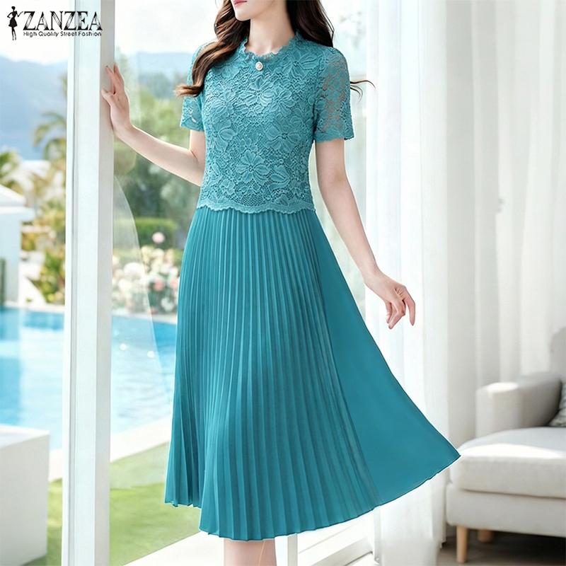 ZANZEA Women Casual Round Neck Short Sleeve Lace Patchwork Dress