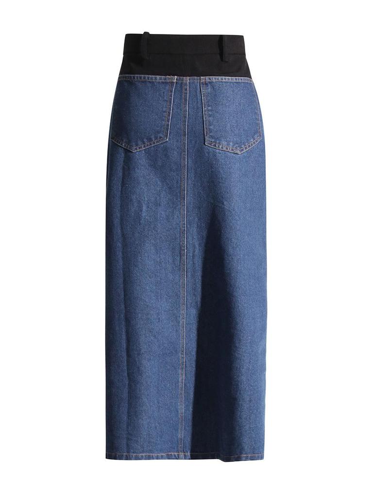 Retro Hong Kong Style Low-Waist Straight Denim Skirt with Front Slit and Contrast Splicing - Women's 2025 Spring Collection