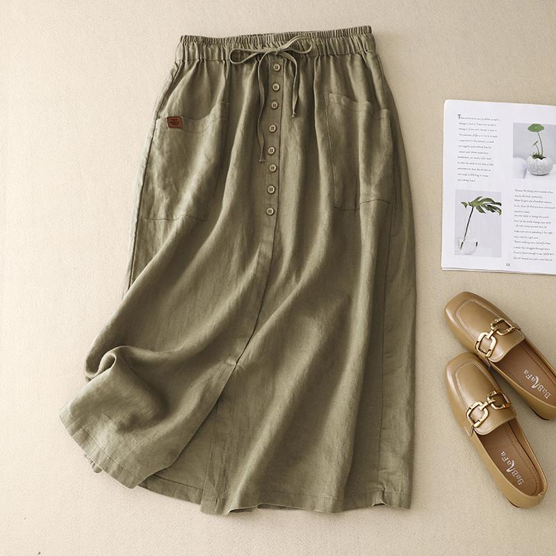 Spódnica Bawełniano-Lniana A-Line z Wysokim Stanem Damska Design Sensation Skirt Retro Jednolity Kolor Wzór do Pracy Lato