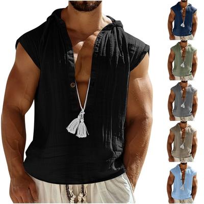 Men Linen Blend Sleeveless Hooded Shirt With Tassel Cord And Half Button Casual Summer Top