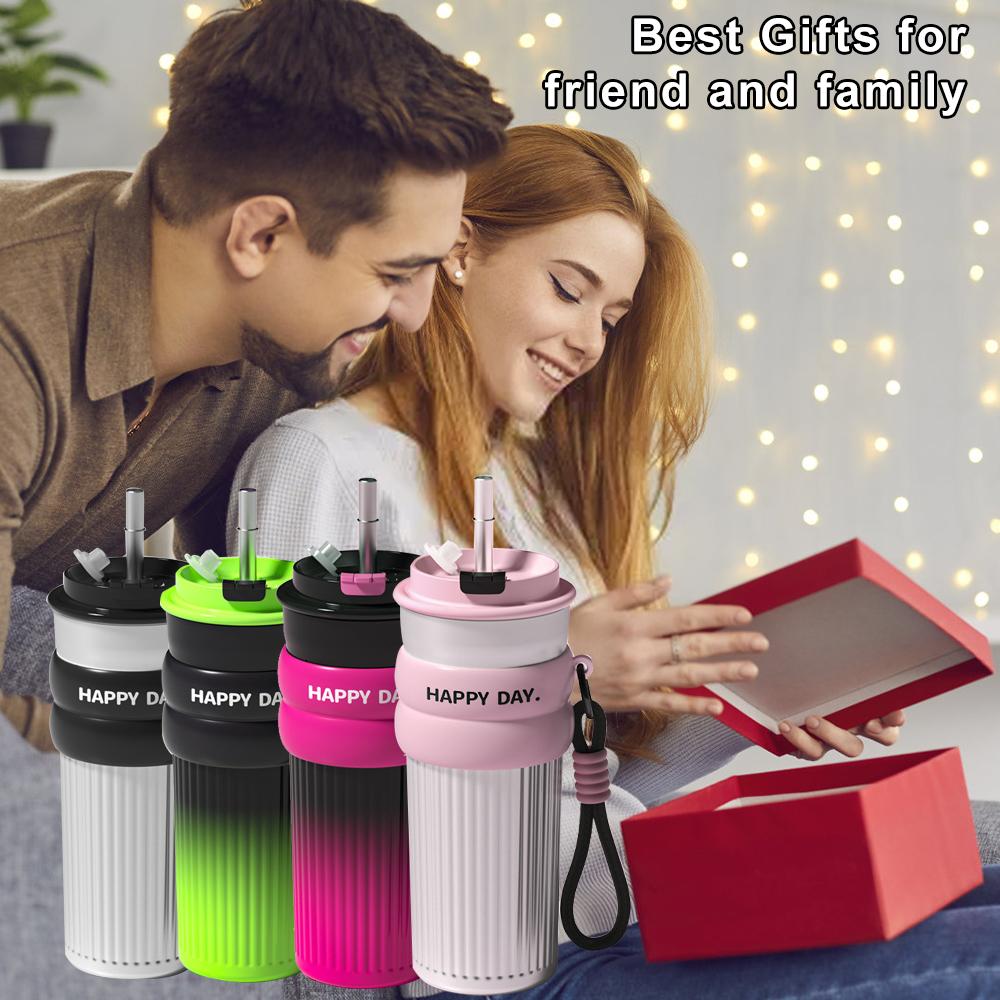 500ML Coffee Cup With Straw Stainless Steel Thermos Coffee Mug With Rope Thermo Bottle For Girls Vacuum Flasks Travel Mug Gifts