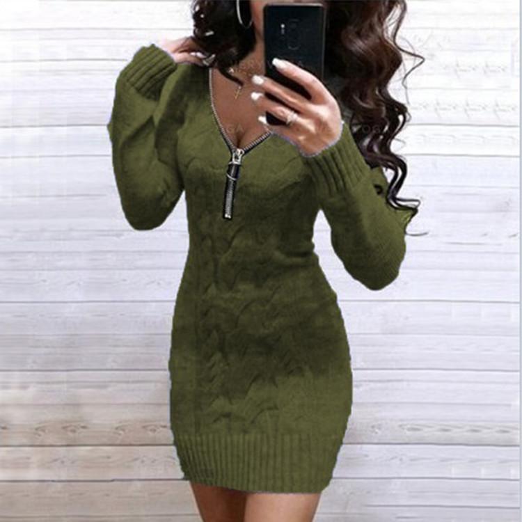 New Women's V-neck Zipper Knit Cardigan Sweater Dress