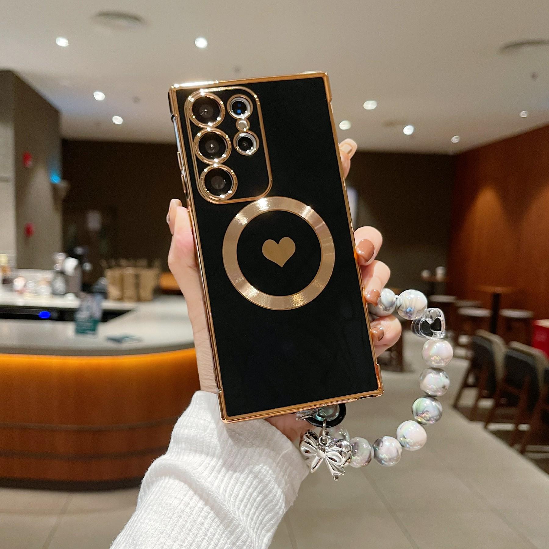 

Для Samsung Galaxy S25 Ultra Боковой гальванический чехол с рисунком сердца Совместимый с Magsafe ТПУ Чехол для телефона с цепочкой на запястье Black