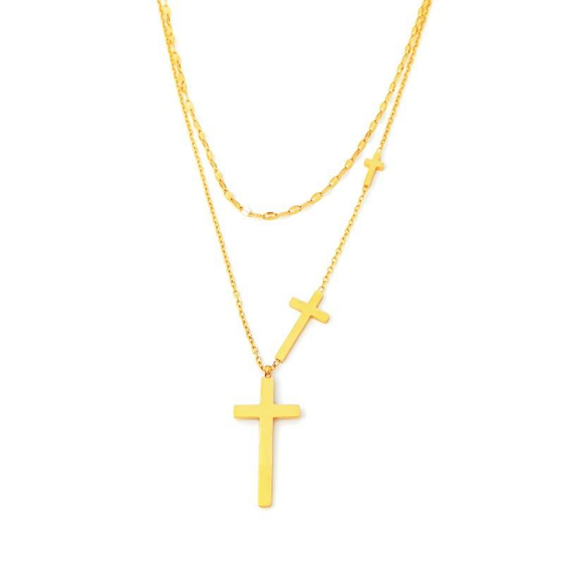 Fashion Titanium Steel Necklace Double Layer Design Exquisite Cross Pendant Female Hundred with The Trend of Personality Fashion Jewelry