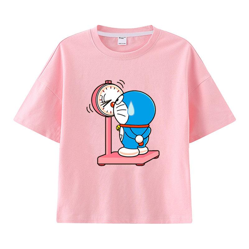 Pure Cotton Childrens Shortsleeved Tshirt for Summer Boys and Girls Halfsleeved Childrens Clothing with Doraemon Pattern