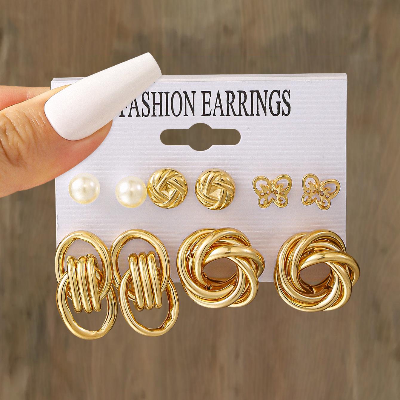 6-Piece Geometric & Pearl Cross Earrings Set: Metal Ear Cuffs and Round Alloy Designs for Women
