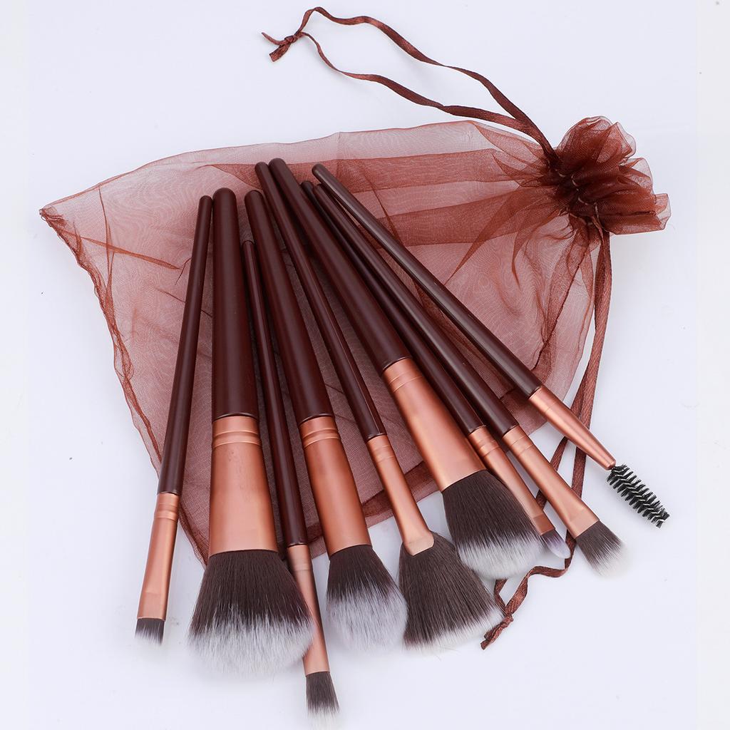 9 makeup brushes set, mesh sandbag, eye brush, loose powder brush, fan brush, highlight blush, detail brush, beauty tool.