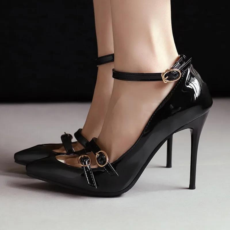 Fashion Lacquer Leather High Heels 2024 New Pointed Shallow Loop Ankle Buckle Thin High Heels Women's Shoes High Heels