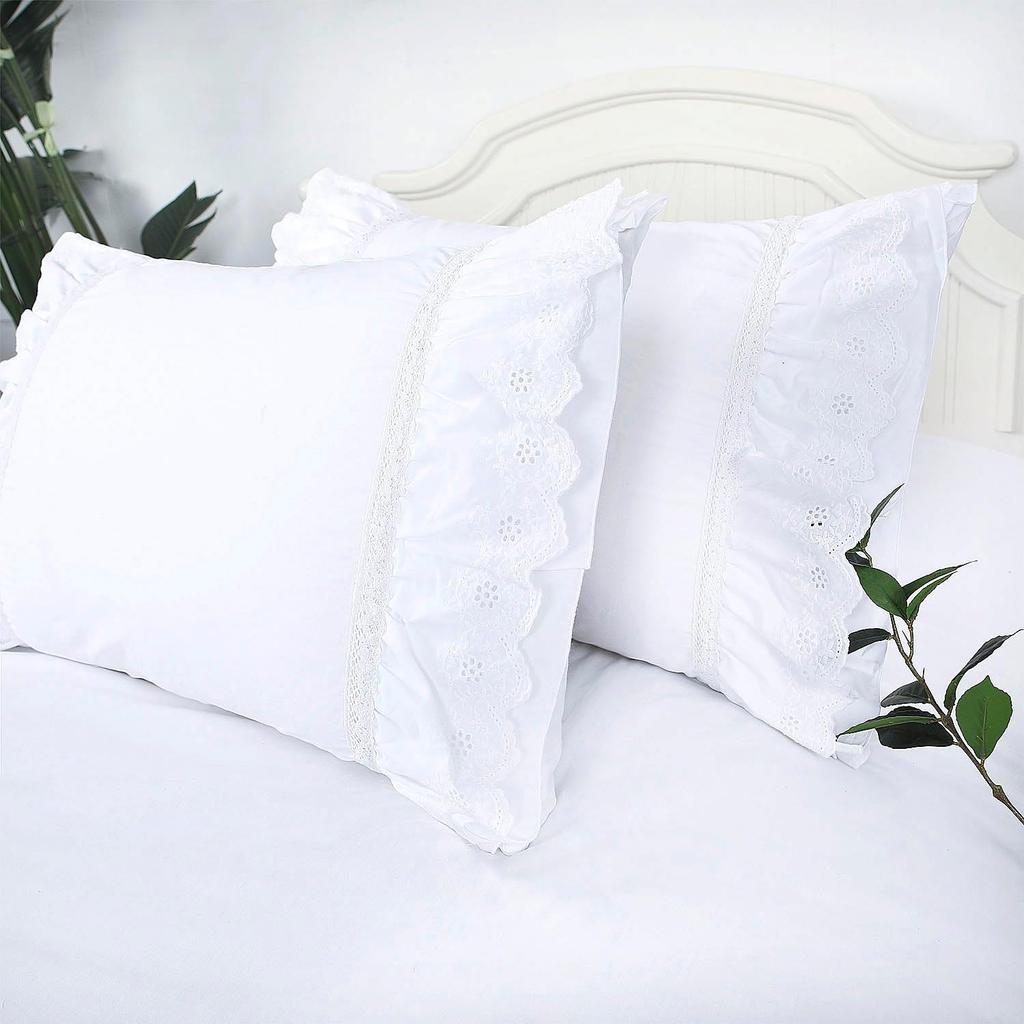 Eyelet Pillow Shams Lace Ruffled Standard White Shabby Chic Farmhouse Pillowcases Set of 2 Pretty Elegant Cotton Country French Cottage Embroidered
