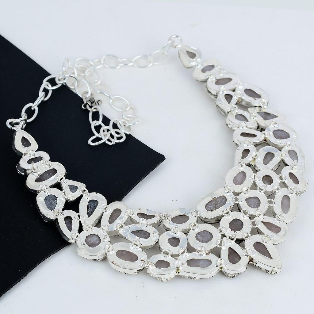 Natural Raw Rose Quartz Gemstone Handmade 925 Sterling Silver Electroform Necklace, Raw Rose Quartz Silver Necklace For Wife, Unisex Necklace Gifts