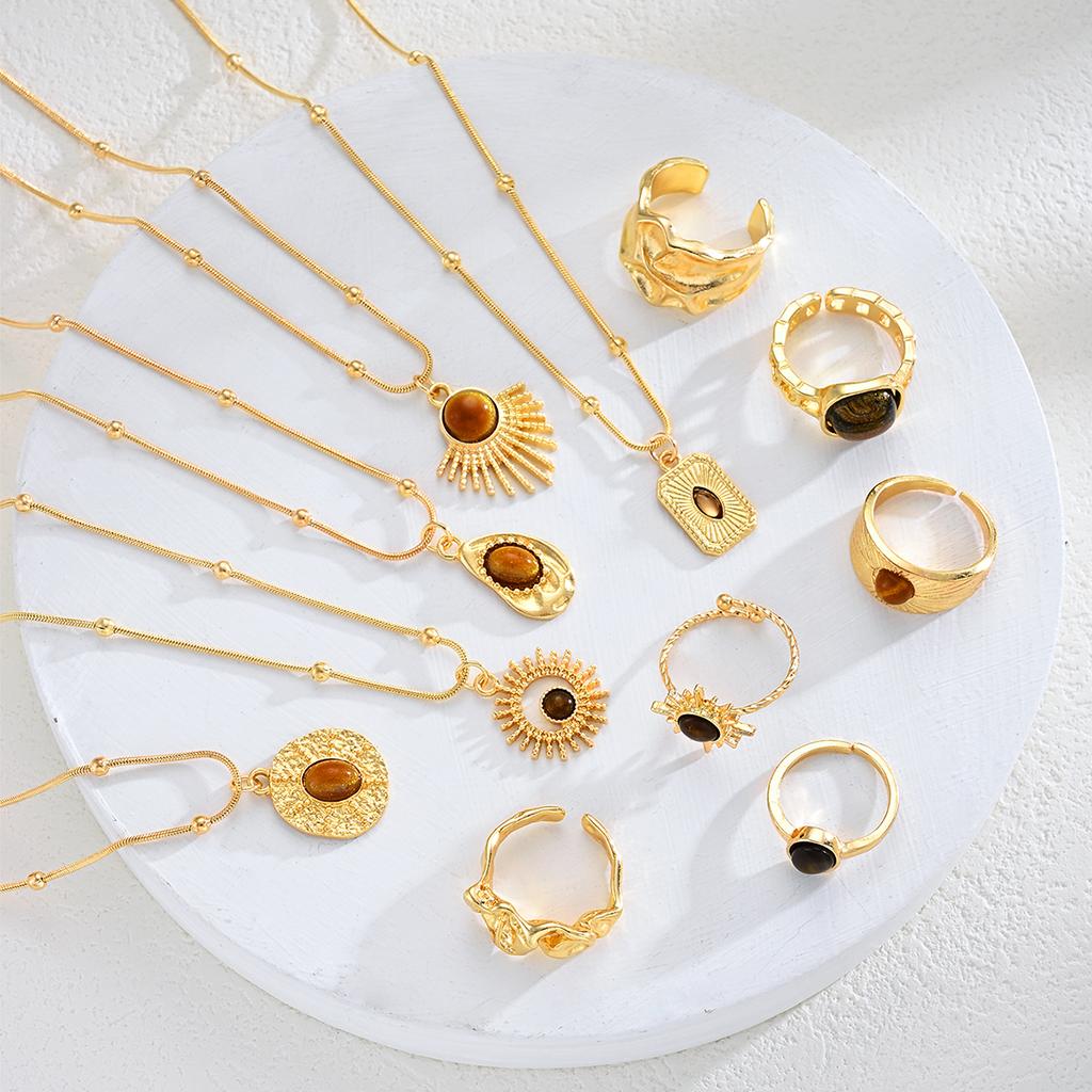 11 Pcs Vintage Brown Opal Jewelry Set for Women Maillard Gold Color Metal Geometric Pendant Necklaces and Rings Y2K Jewelry Gift