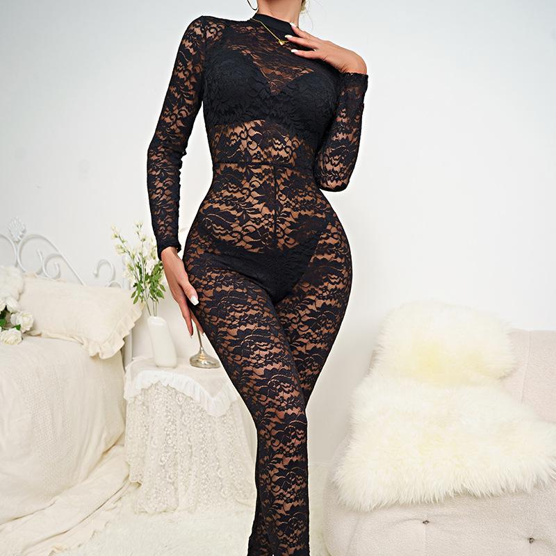 European & American Summer Sexy Black Lace See-Through Slimming Jumpsuit