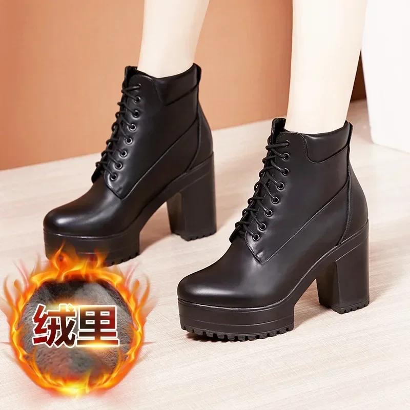 

10 15см Маленький Размер 32-43 Модные Блочные Туфли на Высоком Каблуке с Мехом Ботильоны на Платформе 2025 Толстая Подошва Снежные Ботильоны Офисная Модель 43