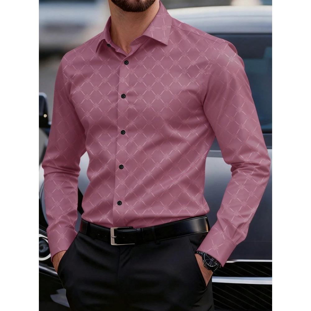 Light Luxury Dark Patterned Diamond Shaped Men's Shirt, Silky Slim Fit Shirt, European and American High-end Dark Printed Shirt