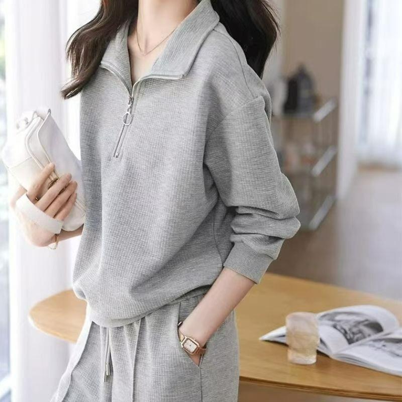

Casual Sportswear Two-piece Autumn Simple POLO Lapel Long-sleeved Elastic Waist Trousers Women s Suit 5XL сірий