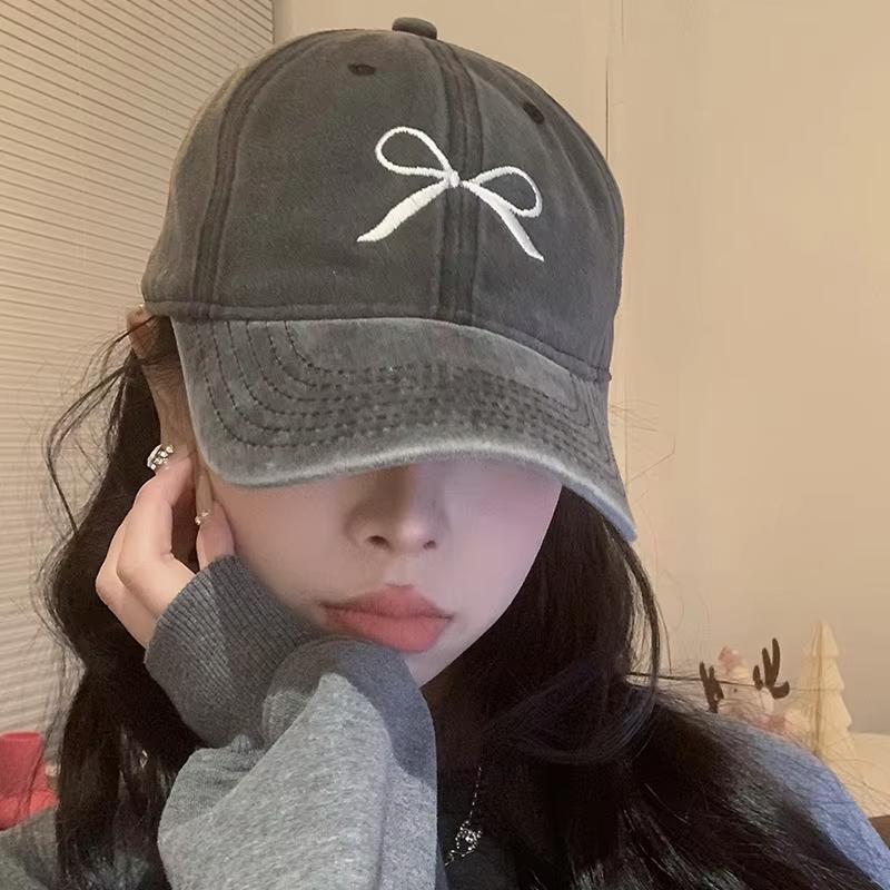 Pink Bow Baseball Cap for Women JK Korean Washed Cotton Snapback Hat Summer Adjustable Embroidered Girls Dad Hats