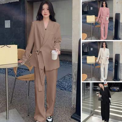 Chaqueta de traje para mujer, con solapa, manga larga, botones laterales, cordones, color liso, holgada, bolsillos, ropa de trabajo