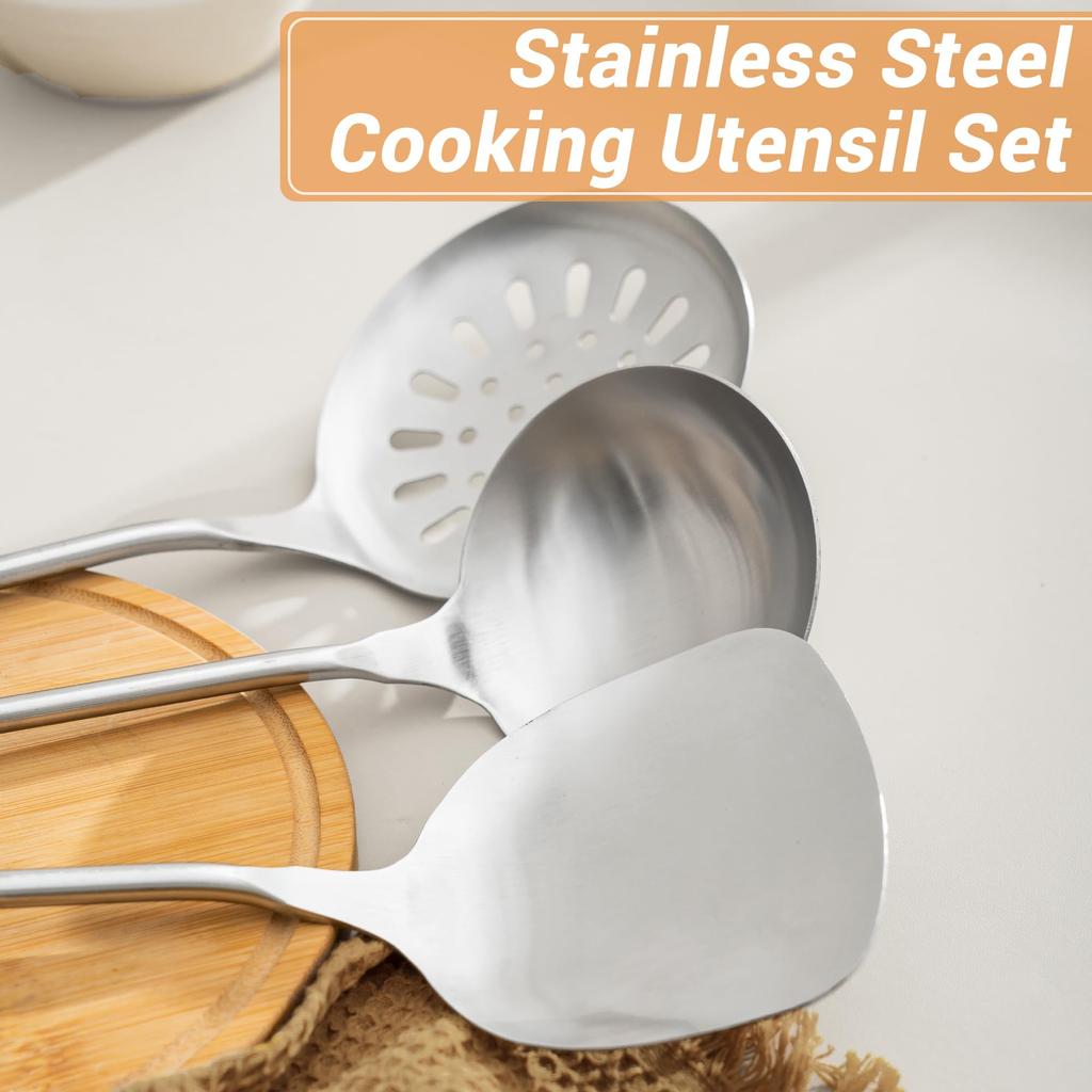 FJNATINH 4-Piece Stainless Steel Wok Utensil Set with Spatula, Ladle, Skimmer Spoon, and Slotted Spatula for Carbon Steel