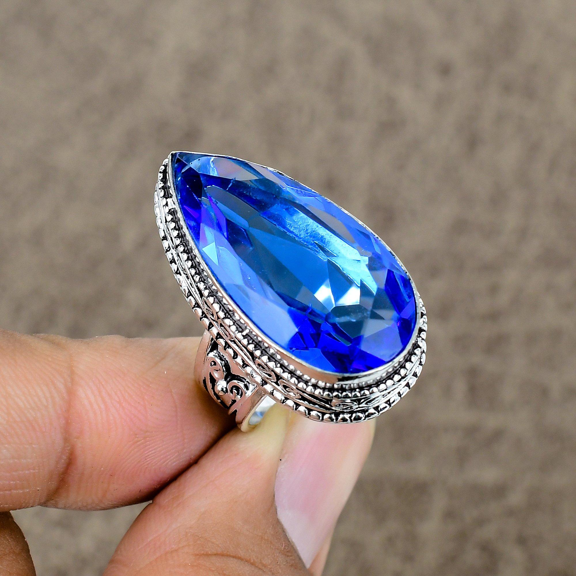 

Blue Topaz Genstone Handmade 925 Sterling Silver Jewelry Ring Size 7 KKG-465