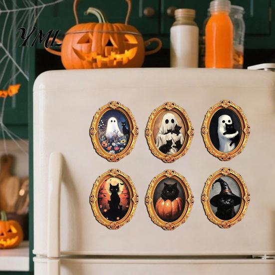 Refrigerator Magnet Set 1/6Pcs Halloween Retro Frame Magnet, Wooden Fridge Kitchen Appliance Accessories Decoration, Memo Note Holder for Holiday