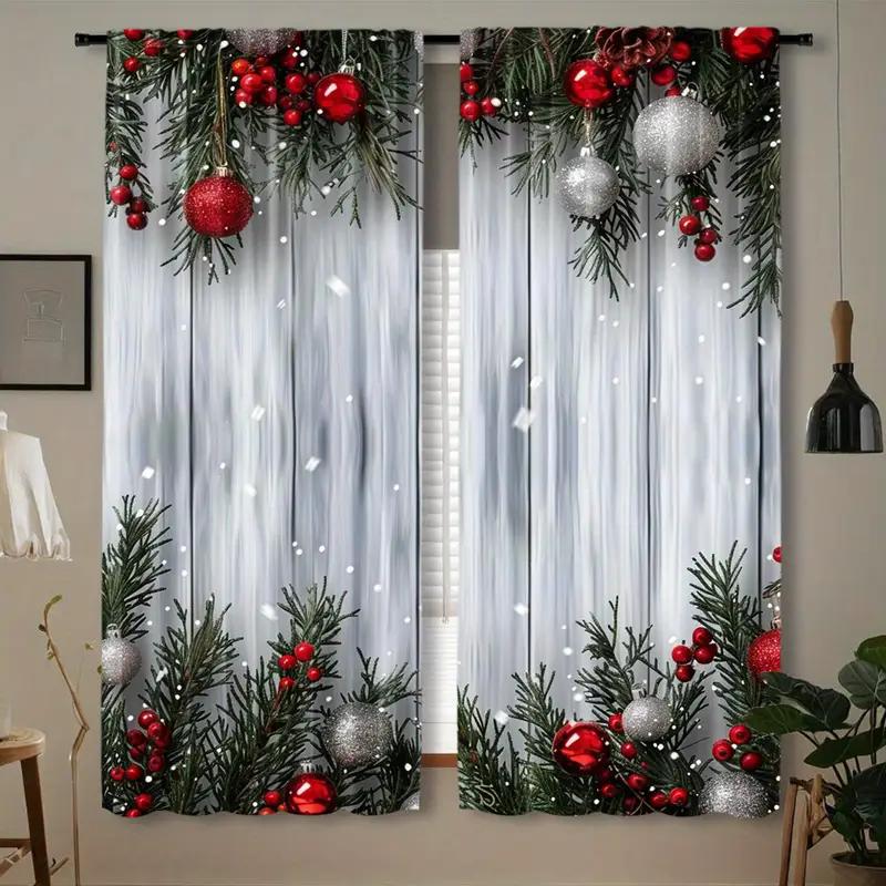 

Holiday Christmas balls and pine branch - printed curtains suitable for home decoration in bedrooms and living rooms 100*130 Rod Pocket 1pcs