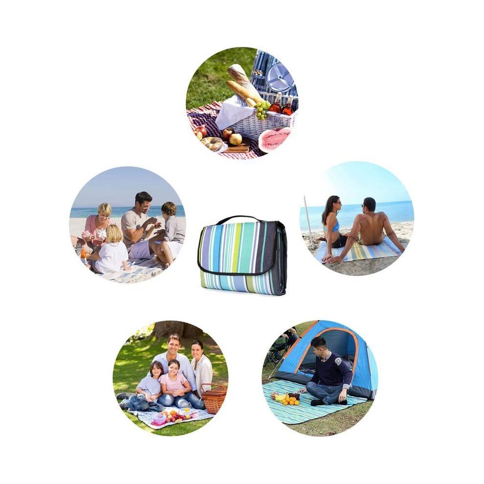 Wasserdichte Picknickdecke 200x200cm - Groß, Tragbar mit Griff, Matte für Strand, Camping, Reisen, Sommer, Blaue Streifen