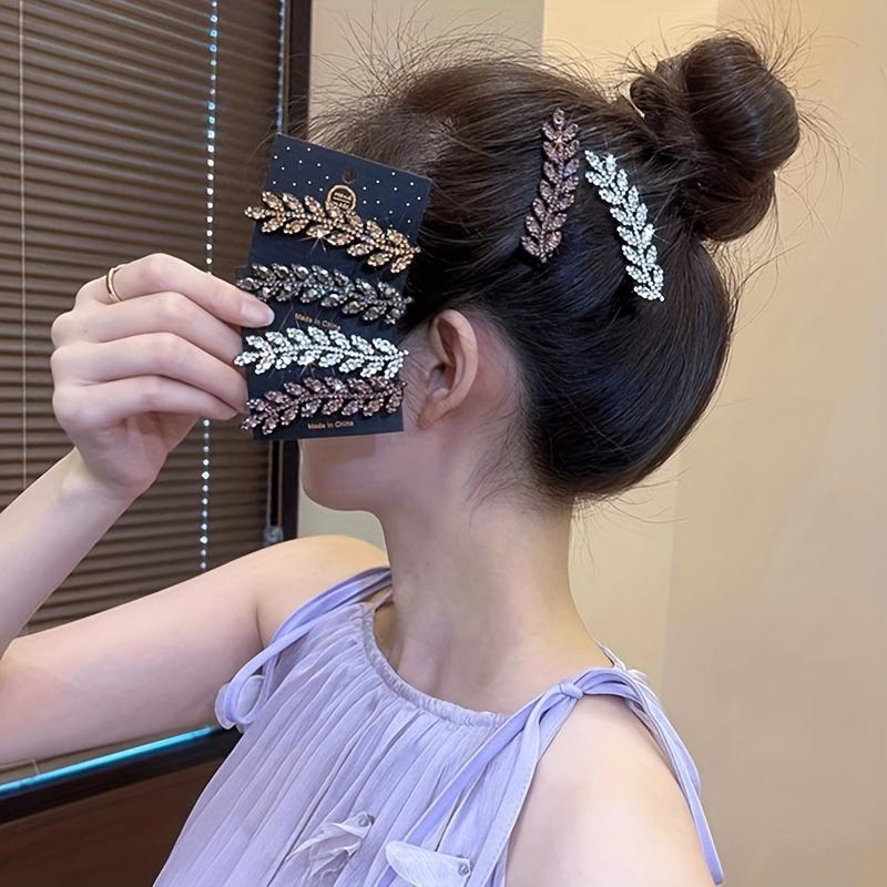 Vintage Elegant Alloy Wheat Ear Hairpins Crystal Embellished Leaf-Shaped Hair Clips Solid Color Duckbill Ideal for Valentine'S Day Gift