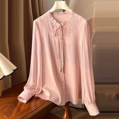 Elegante Spitze Up Einfache Bluse Herbst Frauen Langarm Rüschen Kragen Hemd Einfarbig Lose Tops Shirt Kleidung Blusas 29965