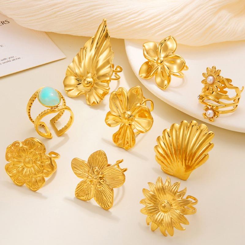 Europäischer und amerikanischer Titanstahlring mit Blumenöffnung, vergoldeter High-End-Zeigefingerring, farbenfroher, vielseitiger Ring, Schmuckgeschenk