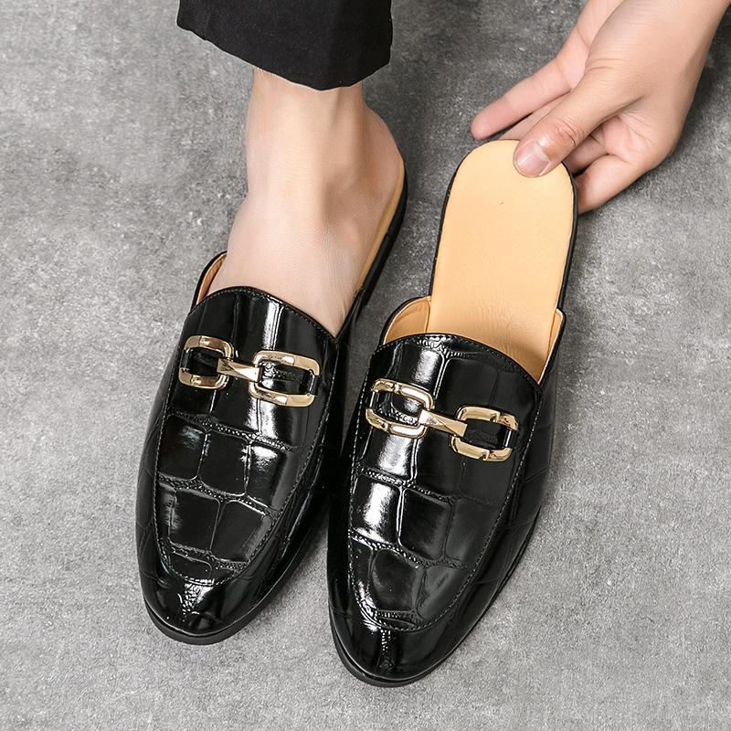 Summer Bag Head Half Slippers Men's Casual Small Leather Shoes Lazy One Pedal Embroidered Beanie Shoes Personalized Trend Sandals