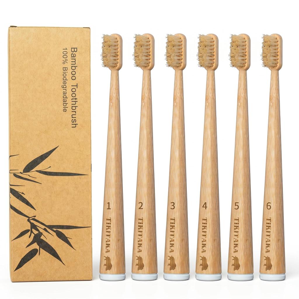 TIKITAKA FTG Boar Bristle Bamboo Toothbrush, Set of 6, Firm Natural Bristles, Curved Bamboo Handle, Self-Standing, Family Use, Adult Size