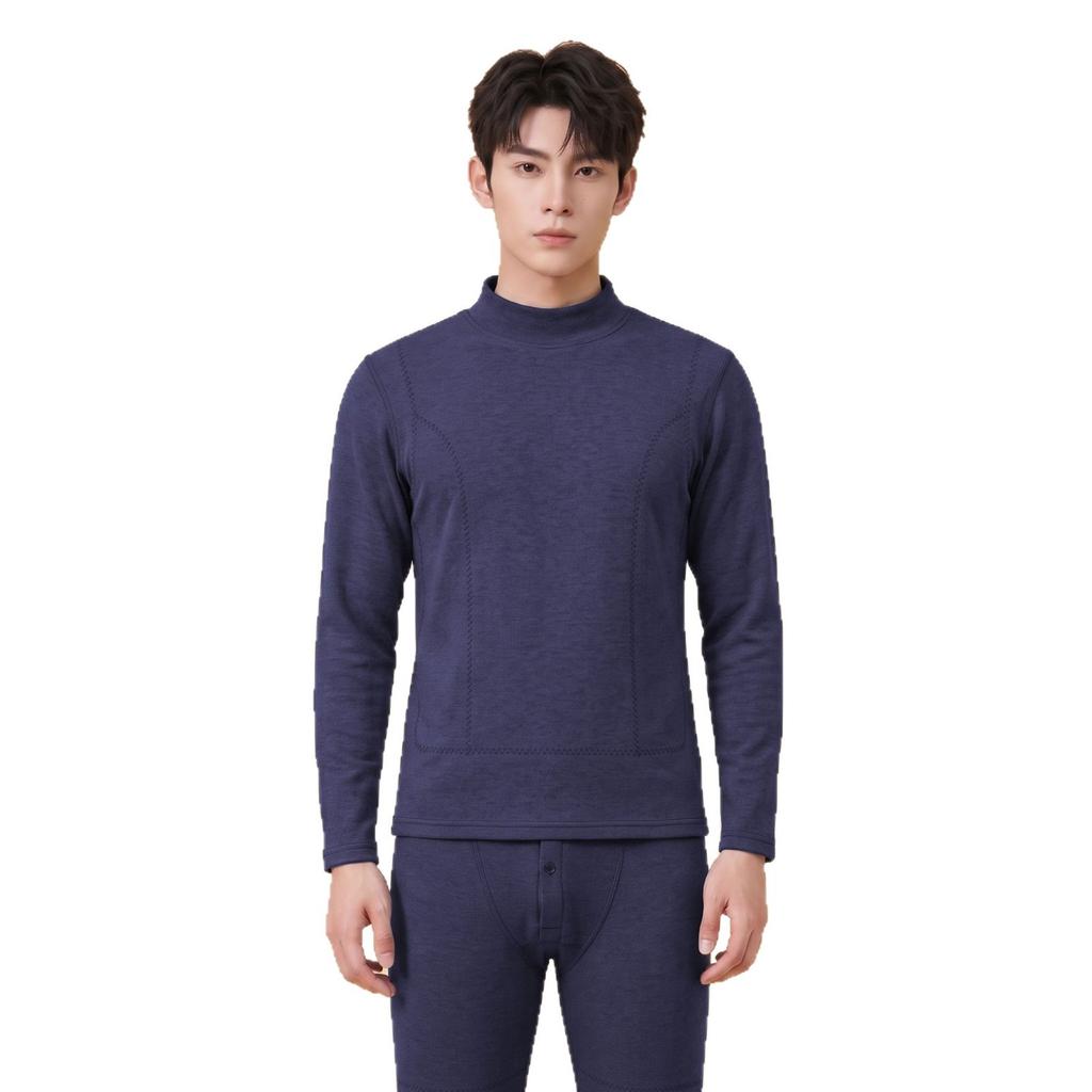 Mens Faux Rabbit Fur Thermal Underwear Set Mock Neck Long Sleeve Warm Base Layer Solid Color Loungewear